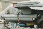 AN/ALQ-101(V)10 jamming pod, overwing AIM-9 acquisition round and underbelly 1,000lb HE bomb. GR.1A XZ367, Waddington, 1999.